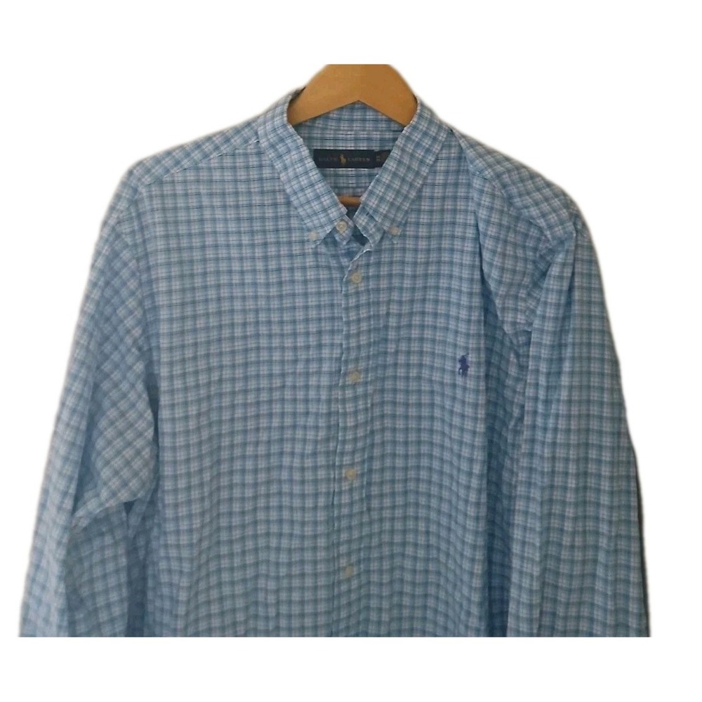 Ralph Lauren Button Up Shirt Size XXL Blue Plaid Work Preppy Spring Polo Horse